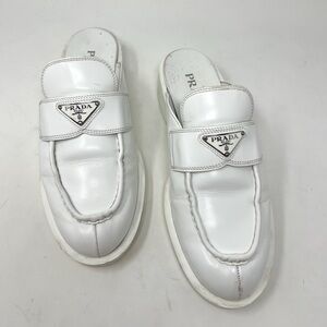 Prada Spazzolato Brushed Leather White Triangle Logo Mules  Size 41
